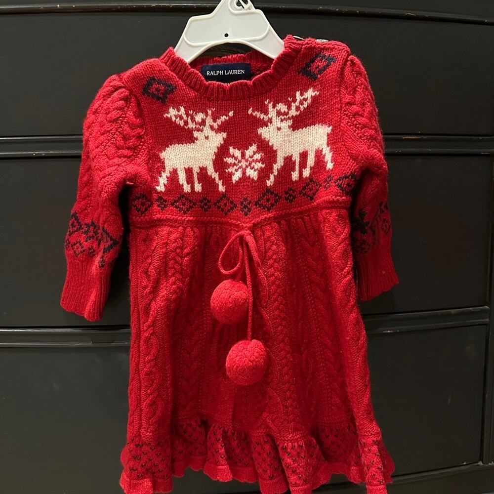 Ralph Lauren Baby Girl Fair Isle Reindeer Knit Sweater Dress Holiday 9 12 M